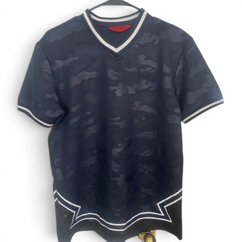 Trillnation‎ Jersey Kids S Black Camo V-Neck Streetwear Graphic Hem Shirt